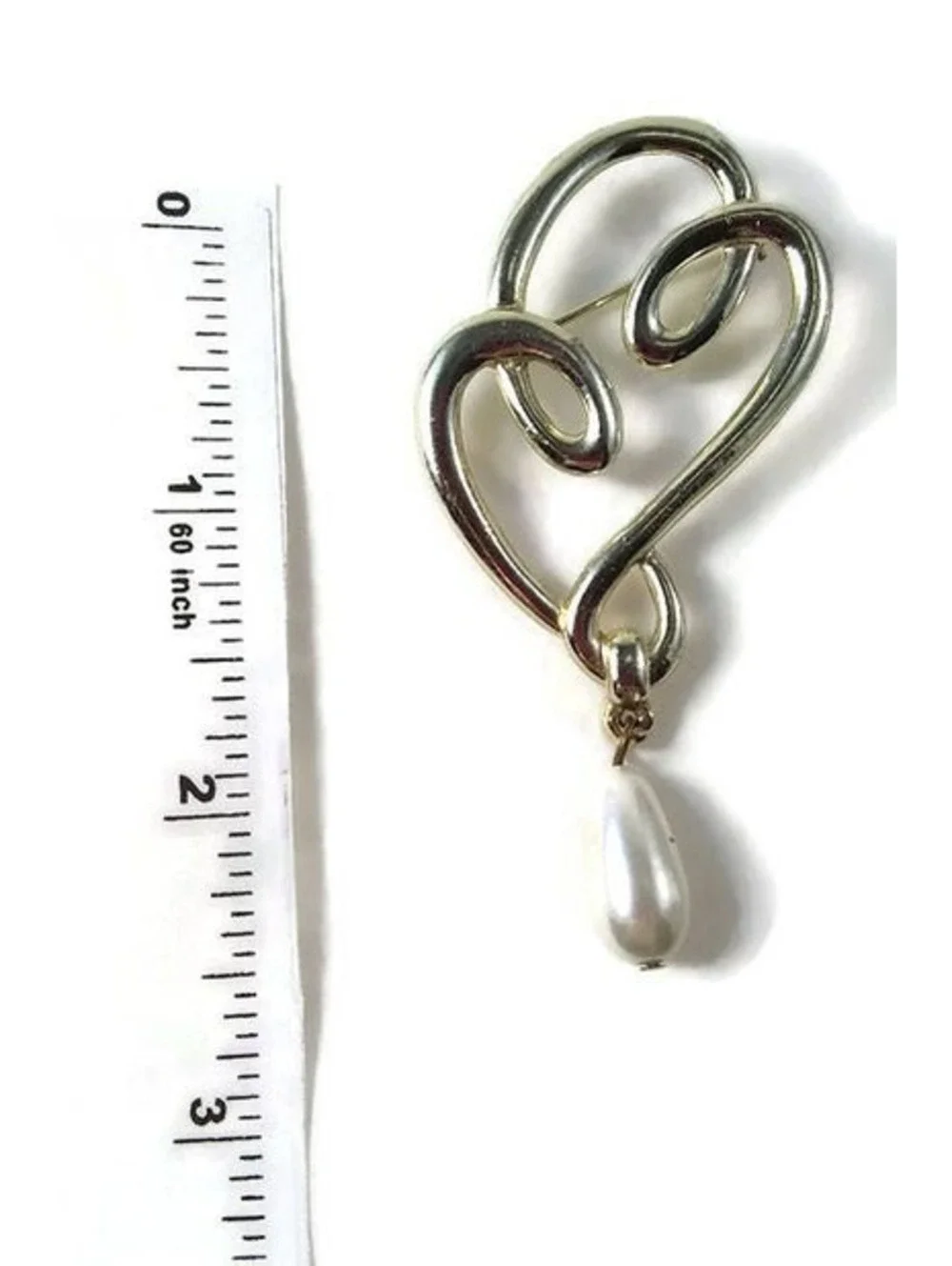 Vintage Gold Tone Swirl Abstract Brooch with Dangling Faux Teardrop Pearl.